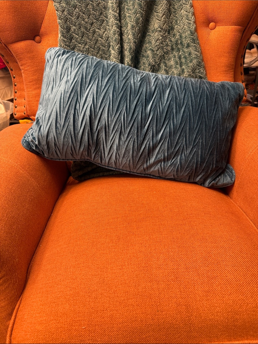 Blue Textured Lumbar Pillow - Soft Velvet Look